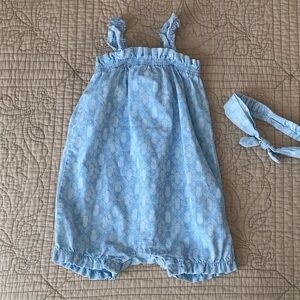 First Impressions Baby Blue Romper with Ruffles and pineapple pattern